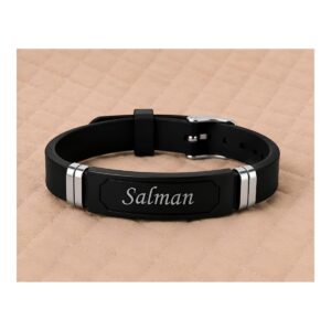 Personalized black silicone name bracelet with engraved metal name plate ()