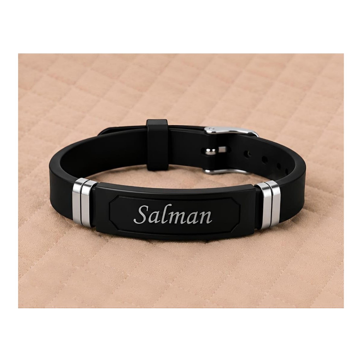 Personalized black silicone name bracelet with engraved metal name plate ()