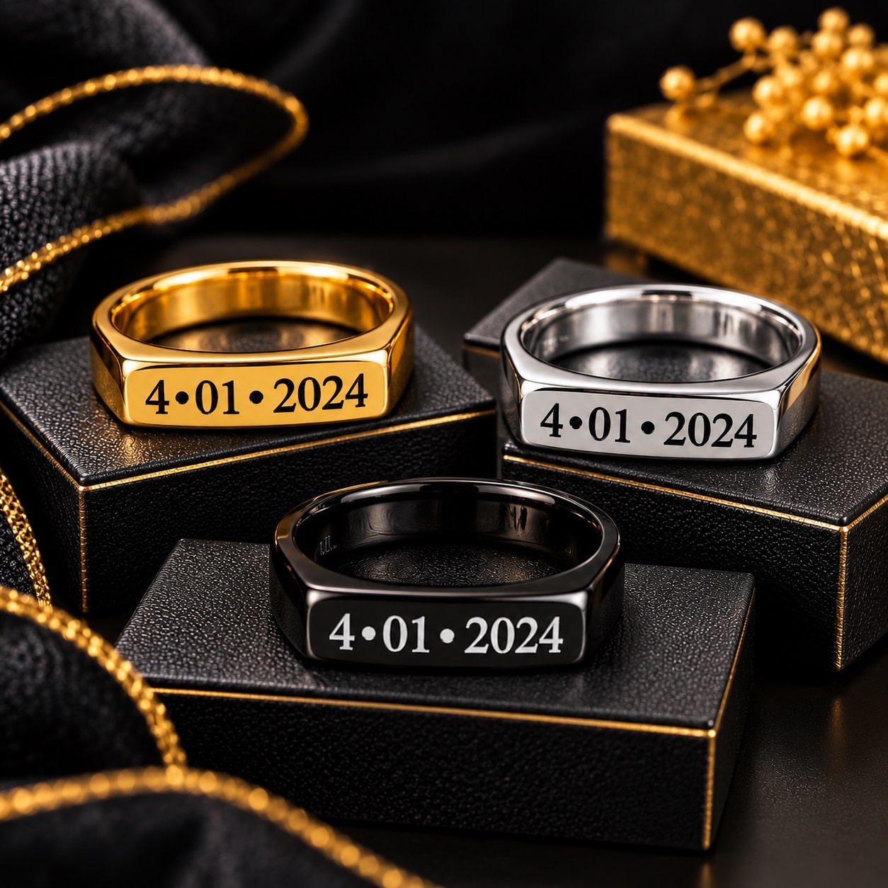 Dur e Fisha Inspired Trending Customized Ring with personalized date engraving in golden silver and black ()