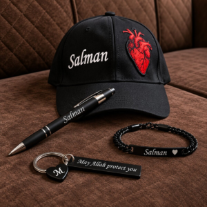 My Name My Style Combo with customized printed cap metal keychain with coin customized name knot heart bracelet and customized name pen ()